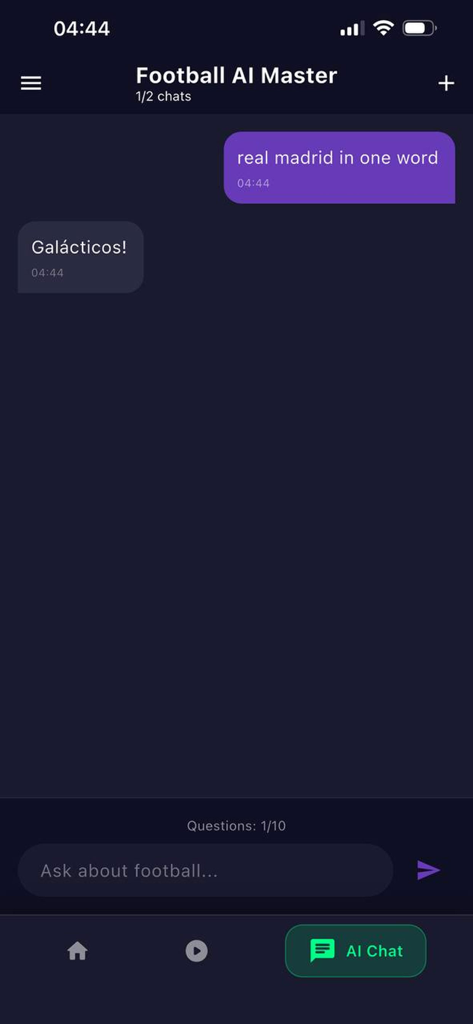 Yacine Tv: Buz Tv Score Iptv - Interfaz de chat del Asistente Maestro de Fútbol con IA que muestra una conversación sobre el Real Madrid