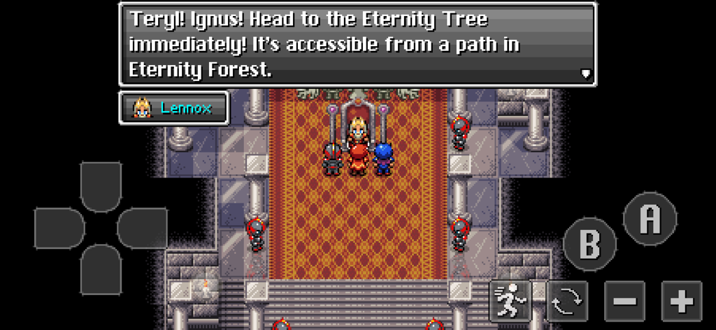 Starlight Legacy - Uma cena de diálogo em pixel art de 16 bits do jogo mobile Starlight Legacy mostrando personagens em um palácio