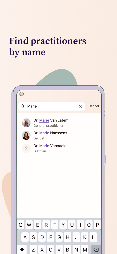 Rosa - A mobile app screen showing a search for healthcare practitioners by name with results for a doctor dentist and dietitian