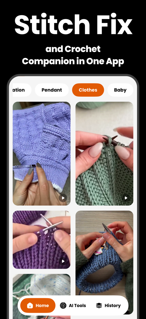 Crochet AI - for Beginner - Schermata dell'app mobile che mostra tutorial video di uncinetto e maglia con categorie per abbigliamento e articoli per bambini.