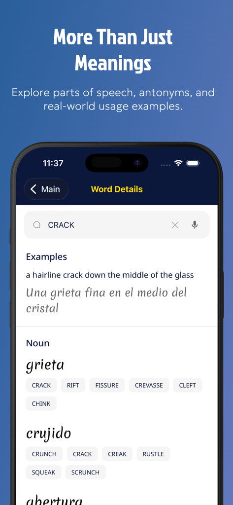 Spanish Dictionary: Translate+ - Spanish Dictionary Translate app interface showing word definitions synonyms and bilingual usage examples for the word crack