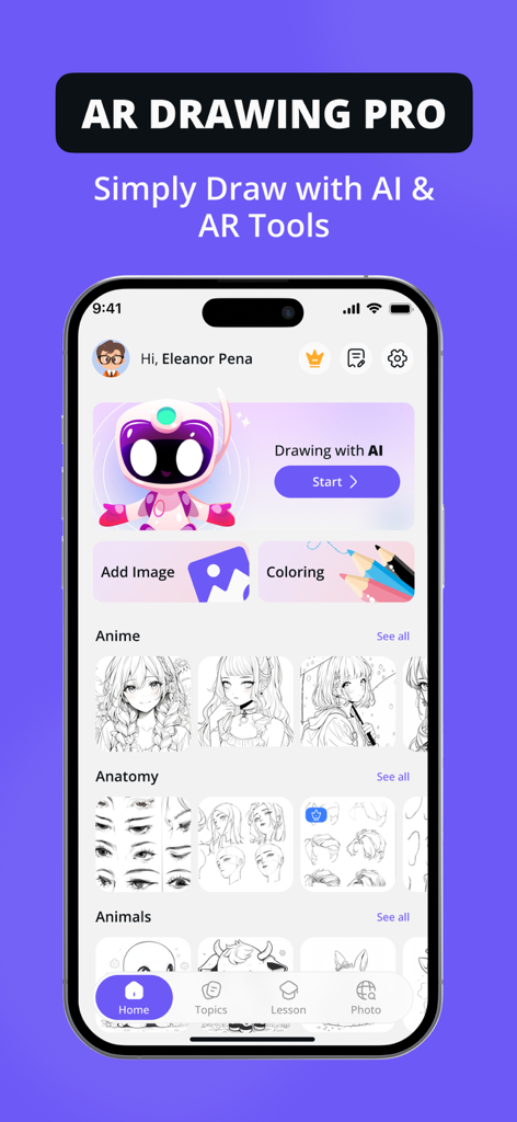 Sketchify app home screen showing AI drawing tools and various sketch categories like anime and anatomy