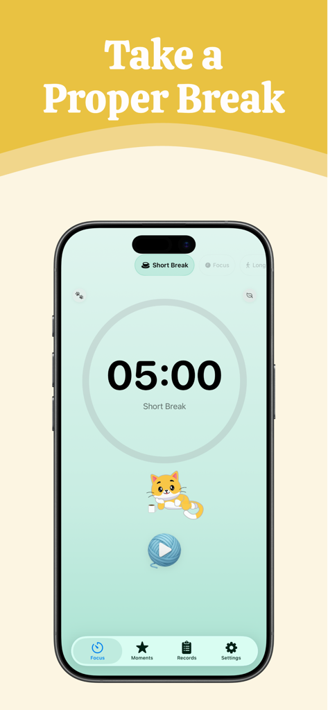 FocusFlow – Gentle - FocusFlow app interface showing a five minute short break timer with a cute cat illustration