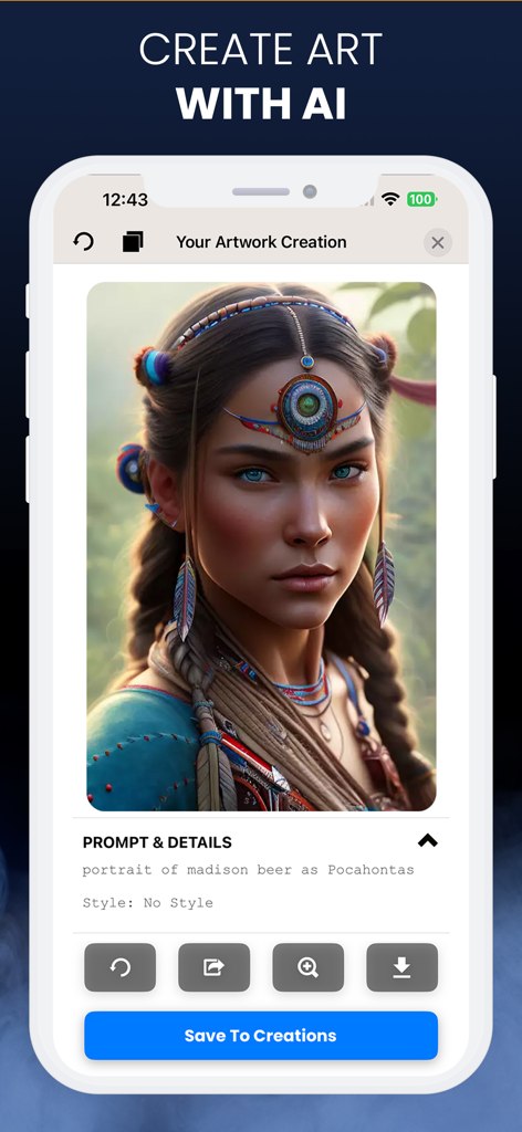 Journey AI ® - Journey AI mobile app interface showing a detailed AI generated portrait of a woman based on a text prompt