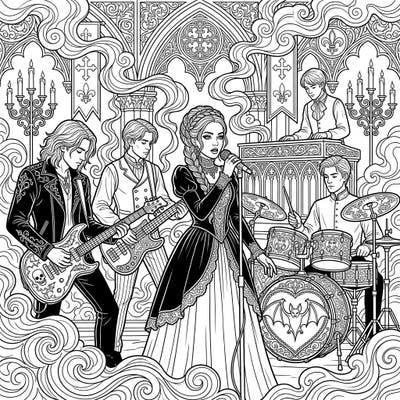 Immerse yourself in the dramatic world of a Gothic teenage rock band. This detailed coloring page captures a live performance set against an ornate, mysterious backdrop, inviting you to bring their dark melody to life.