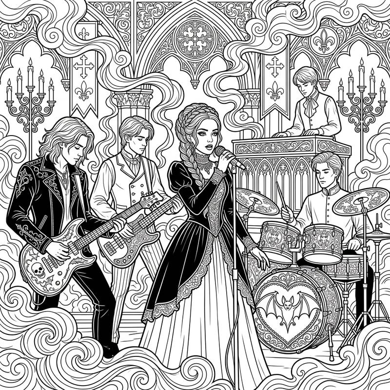 Immerse yourself in the dramatic world of a Gothic teenage rock band. This detailed coloring page captures a live performance set against an ornate, mysterious backdrop, inviting you to bring their dark melody to life.