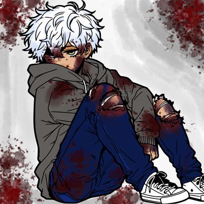 a male hoddie ripped jeans messy hair anime