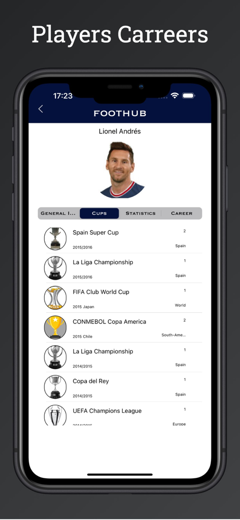 FootHub・Football Live Score - 풋볼허브 앱 화면이 리오넬 메시 선수 경력 프로필과 획득한 트로피 및 컵 목록을 표시합니다.