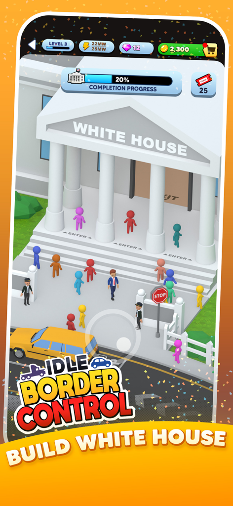 Idle Border Control - Gameplay screenshot of Idle Border Control showing the construction progress of the White House building with tourists visiting.