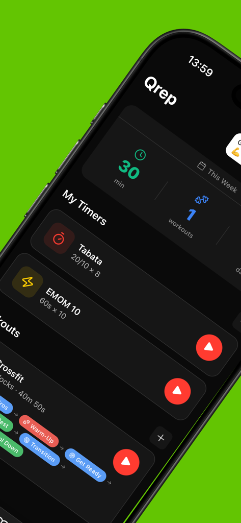 Oberfläche der Qrep-App, die ein Dashboard mit benutzerdefinierten Intervall-Timern für Tabata- und EMOM-Workouts zeigt
