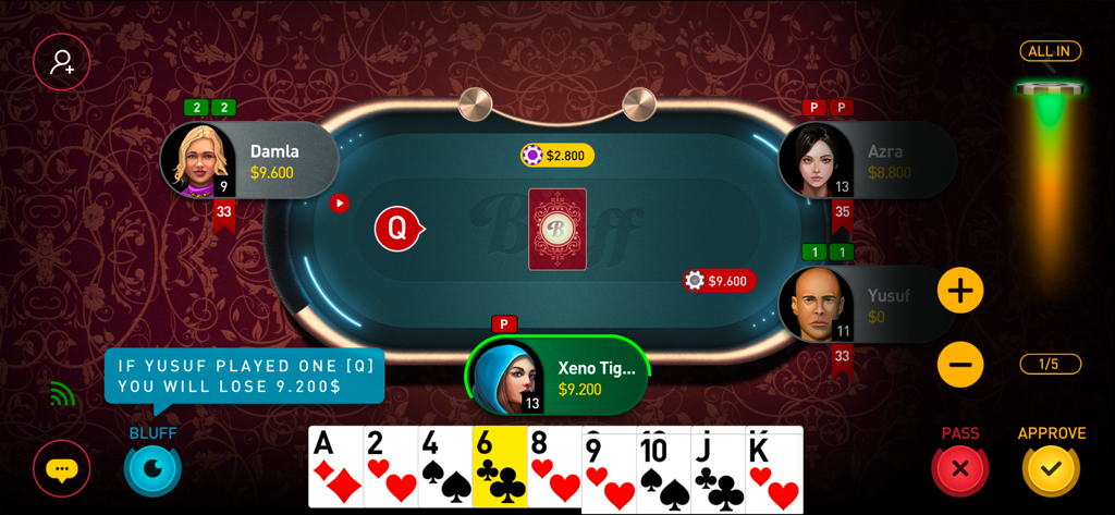 Bluff Game - Gameplay screen of Bluff Game showing four players at a virtual card table with betting chips and a hand of playing cards