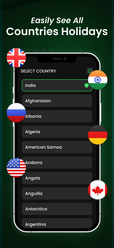 AllWorld: Holiday Calendar - Interface of AllWorld app showing a list of countries for tracking global holidays with international flag icons.