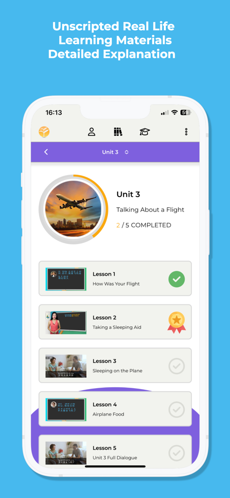 Yoyo Chinese: Learn Chinese - Screenshot of the Yoyo Chinese app interface showing a list of lessons within a unit focused on talking about a flight.