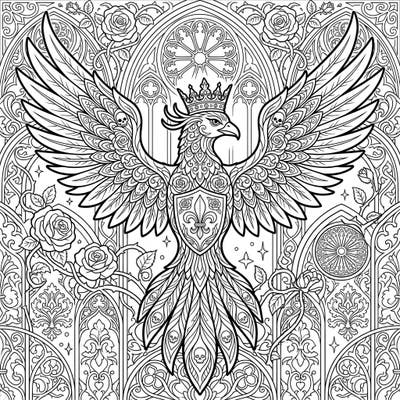 Dive into the dark elegance of this Gothic Royal Phoenix coloring page, showcasing a majestic crowned bird amidst intricate details. Perfect for those who love fantasy and a touch of mysterious beauty.
