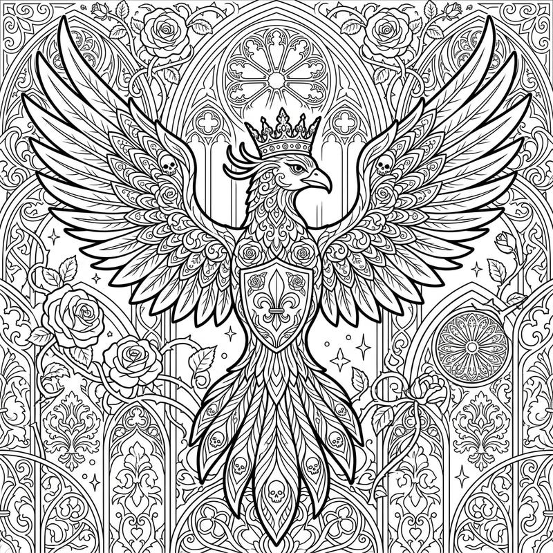 Dive into the dark elegance of this Gothic Royal Phoenix coloring page, showcasing a majestic crowned bird amidst intricate details. Perfect for those who love fantasy and a touch of mysterious beauty.