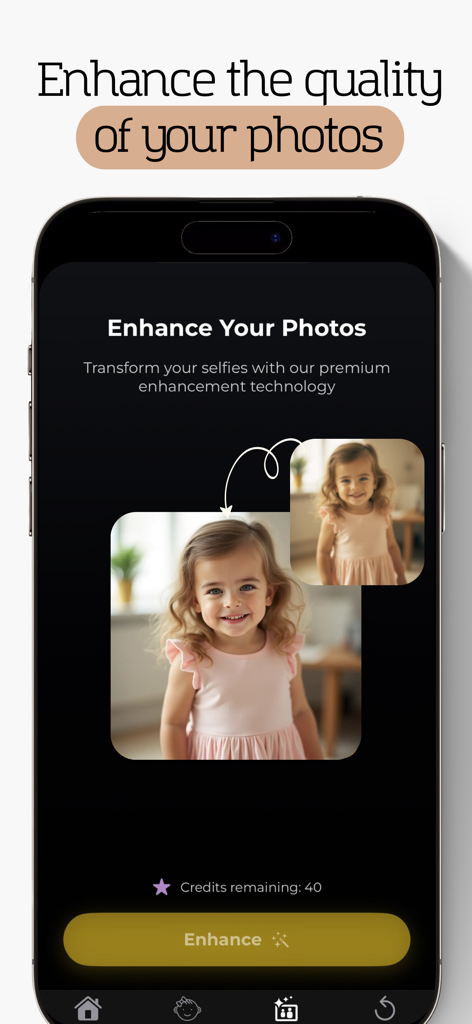 Baby Generator - FaceCast - Screenshot of the FaceCast app photo enhancer showing a child portrait being sharpened by AI