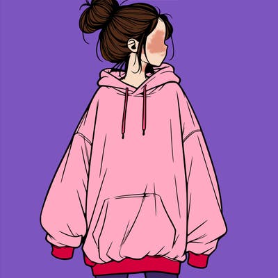 realistic girl with a oversized sweatshirt on and a bun