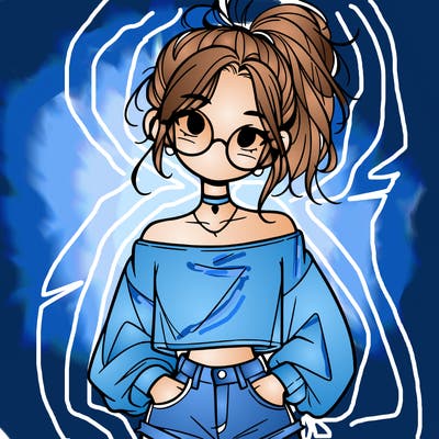 girl with a messy ponytail glasses a baggy crop top and jean shorts