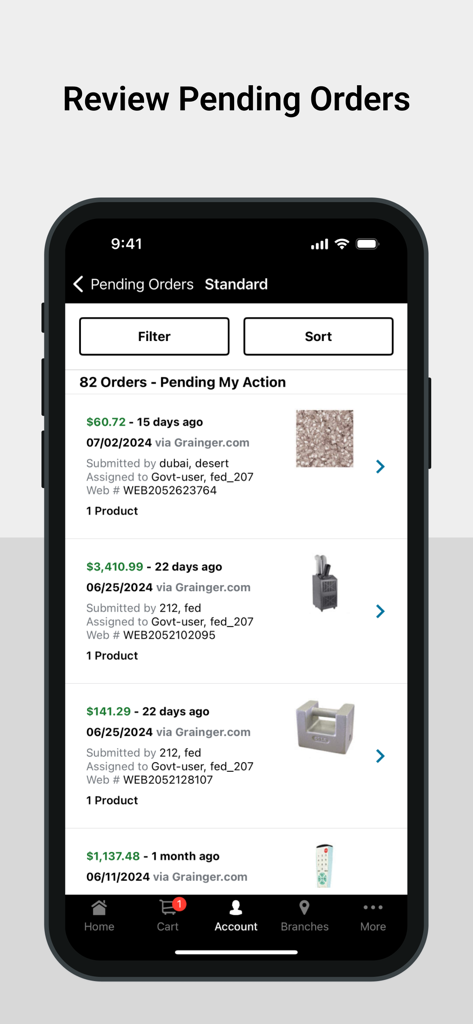 Interface of the Grainger mobile app showing a list of pending orders for review and approval
