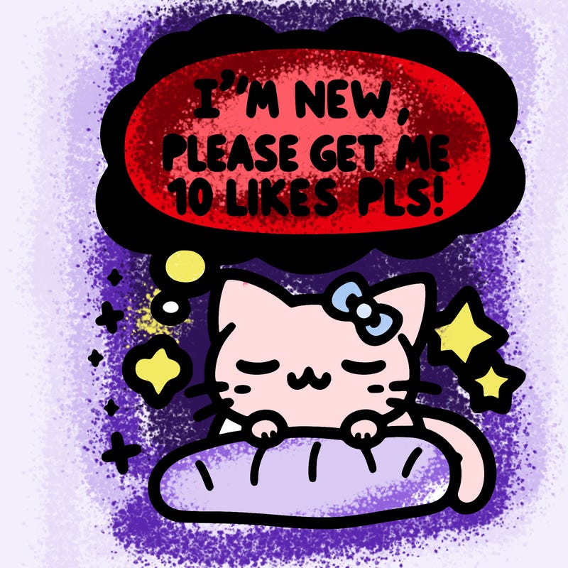 kitty taking a nap dream talking and saying "i'm new, please get me at least 10 likes pls!!"