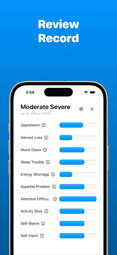 Depre: Depression Tracker - Review record screen in the Depre app displaying mental health tracking metrics and blue progress bars