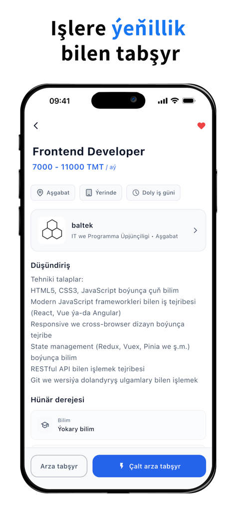 asman: Iş Tap - Uma postagem de emprego para a função de Desenvolvedor Frontend no aplicativo móvel asman