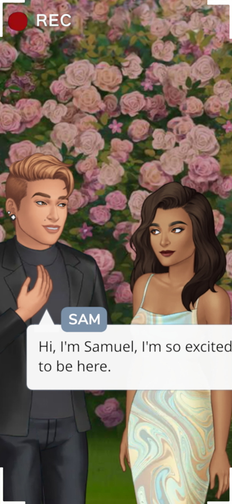 Secrets by Episode NETFLIX - Due personaggi, Samuel e una donna, parlano davanti a un muro di rose rosa in un gioco di storie interattive di Netflix.