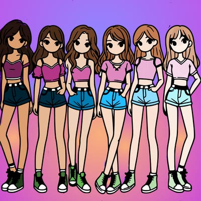 a group of girls wearing crop tops and shorts