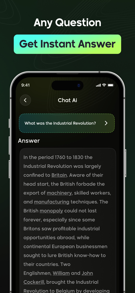 Pantalla de smartphone que muestra la función de chat IA respondiendo una pregunta de historia sobre la Revolución Industrial.