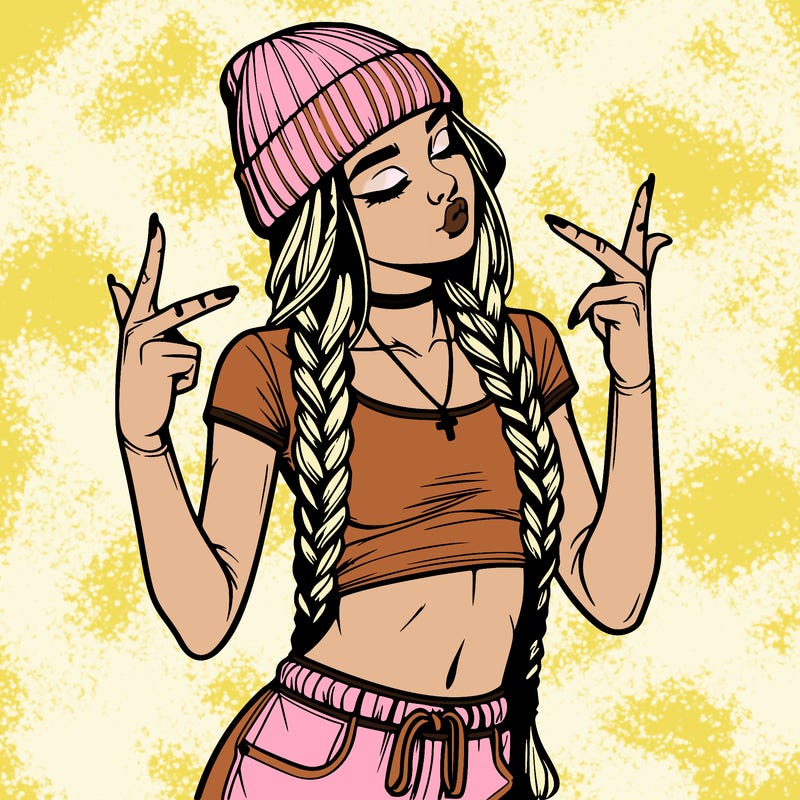 realistic teenage girl with braids and a beanie and crop top doing 🫶🏼