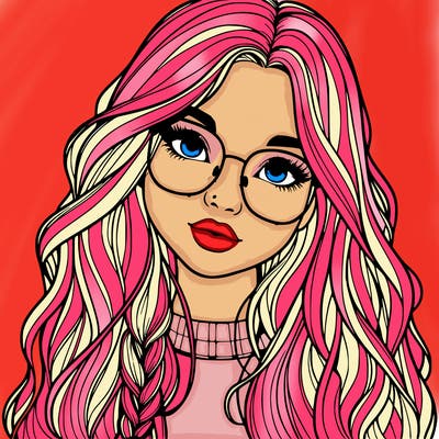 girl with long hair and freckles and glasses realistic