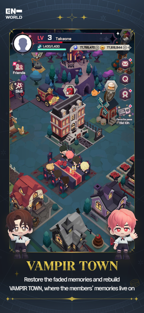 ENHYPEN WORLD : ETERNAL MOMENT - Isometric view of Vampir Town in the ENHYPEN WORLD game featuring chibi characters and custom buildings