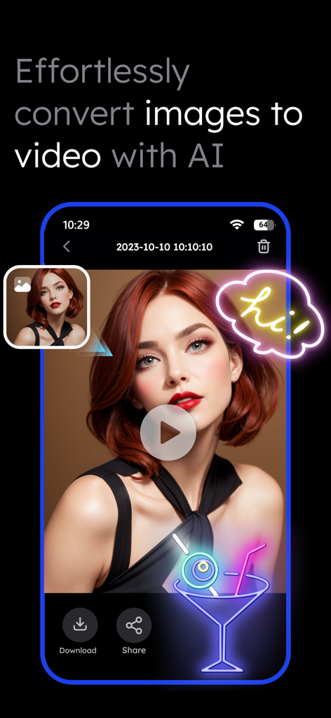 Vidqu Video & Photo Face Swap - Vidqu app interface showing a portrait photo converted into a video with AI and neon stickers