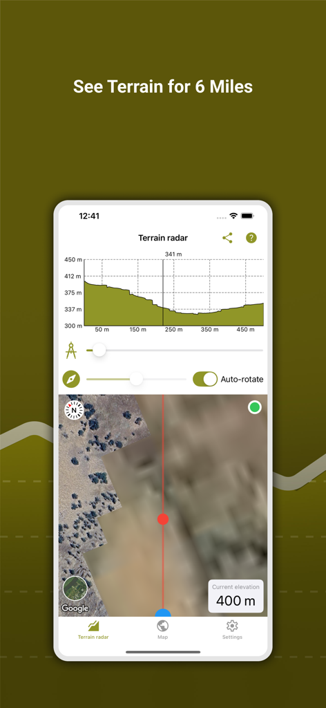 Captura de tela do aplicativo Terrain Radar mostrando um gráfico de perfil de elevação e uma visualização de mapa por satélite para levantamento profissional e caminhadas.