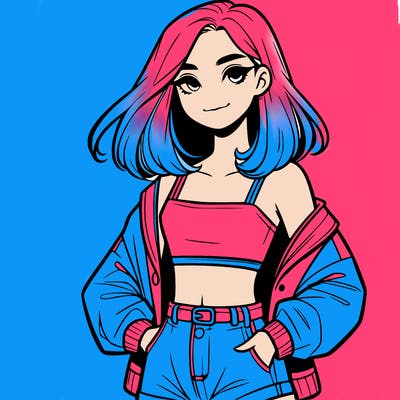 a realistic girl with a crop top and short shorts in an open jacket