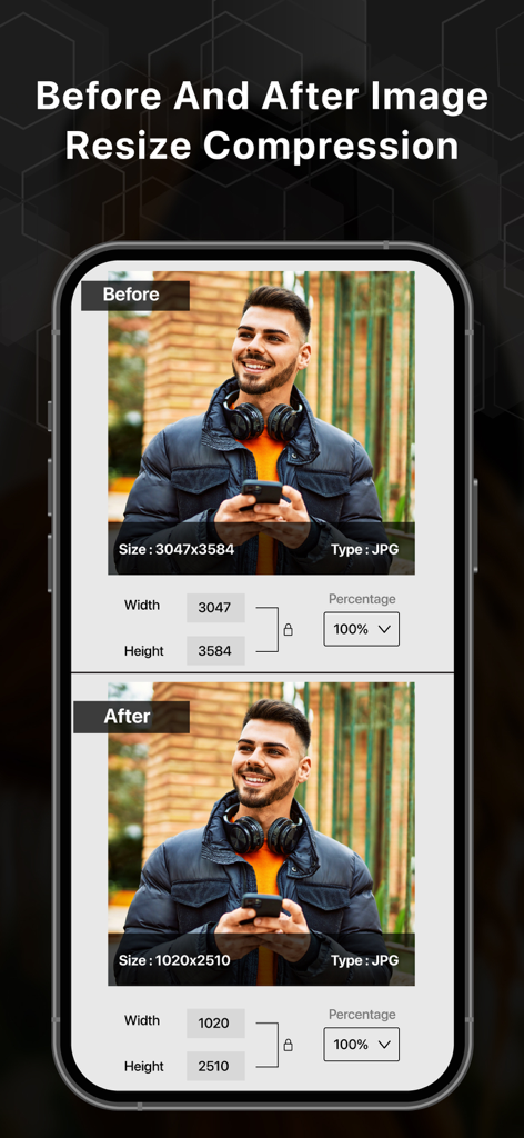 Photo Resizer & Compressor - Mobile app interface showing a side by side comparison of a photo before and after resizing and compression
