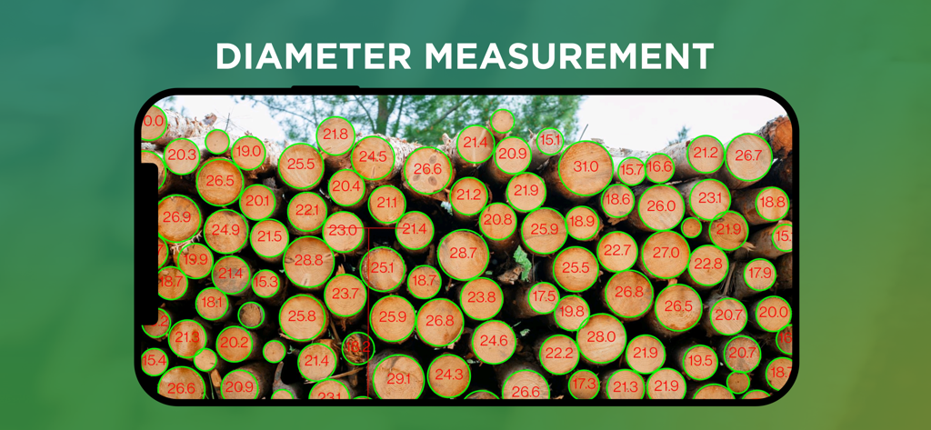 Smartphone screen showing the Timbeter app identifying and measuring diameters of stacked logs using AI