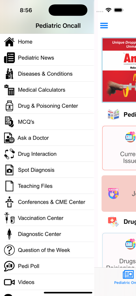Pediatric OnCall - Menu de navegação principal do aplicativo Pediatric OnCall mostrando ferramentas clínicas para pediatras.