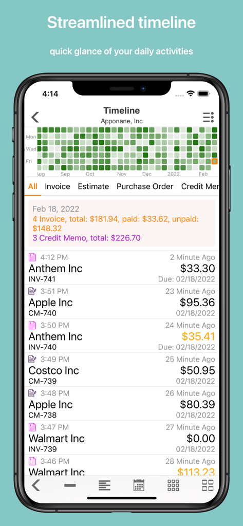 Um smartphone exibindo o aplicativo Invoice Master com um recurso de linha do tempo simplificado mostrando atividades diárias do negócio e histórico de faturas