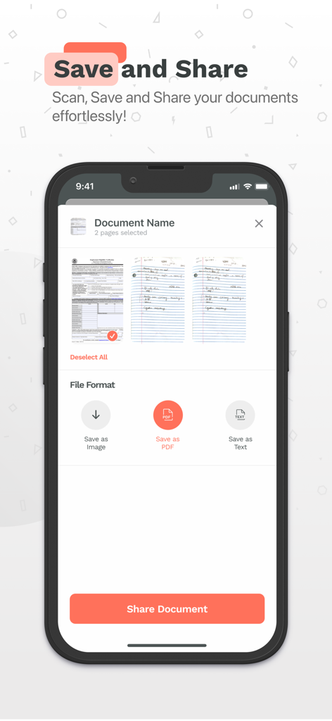 スキャンした書類を画像、PDF、またはテキストとして保存するオプションを表示する「今すぐスキャン」アプリのインターフェース