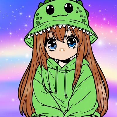 girl with anime shaped eyes with a dinosaur bucket hat oversized sweatshirt long straight hair