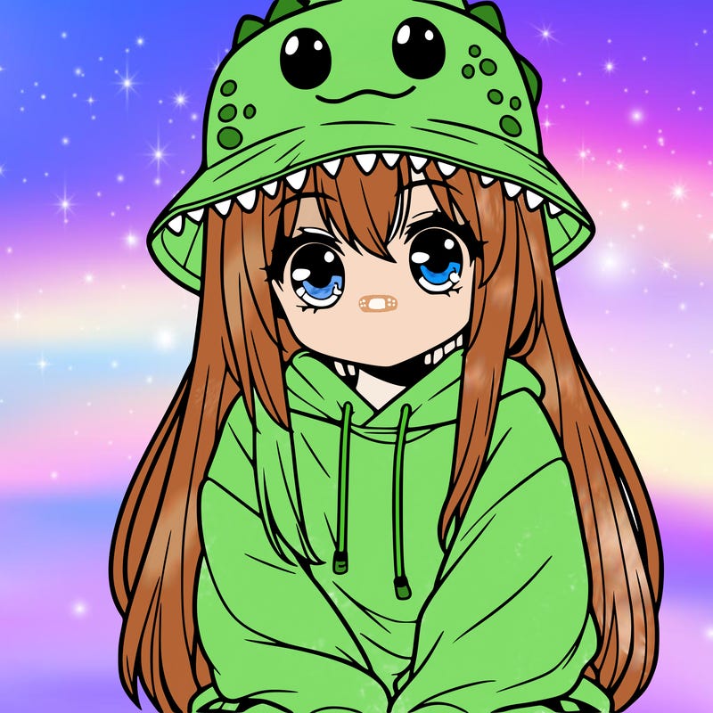 girl with anime shaped eyes with a dinosaur bucket hat oversized sweatshirt long straight hair