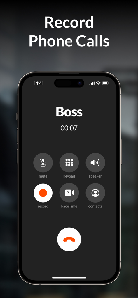 Interface of iCall app on an iPhone showing a call being recorded with a contact named Boss.