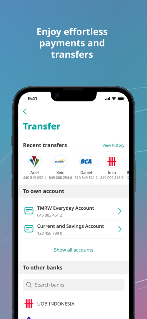 UOB TMRW Indonesia - A mobile interface for the UOB TMRW Indonesia app showing options for effortless payments and transfers with lists for recent transfers and own accounts.
