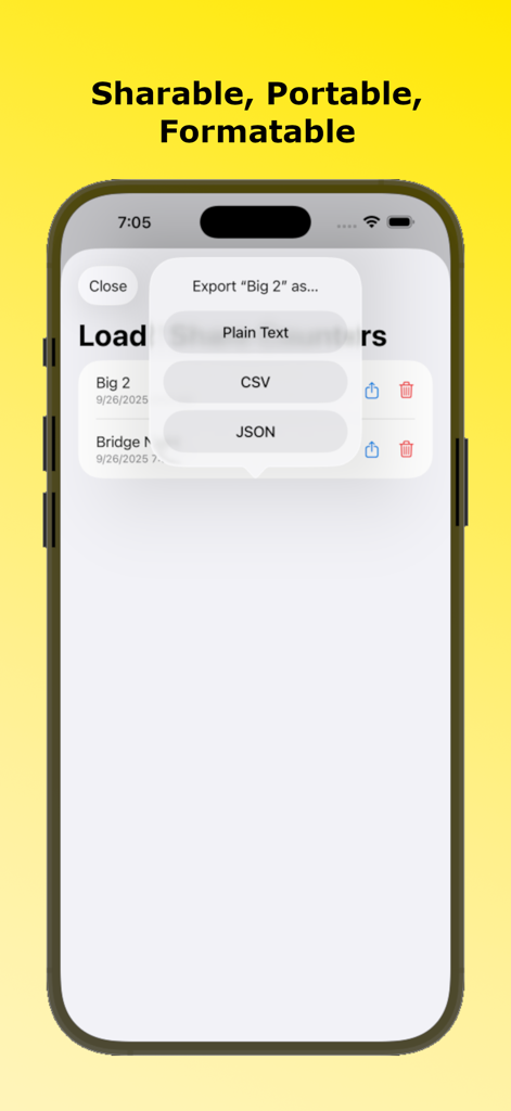 Counter on Me - Screenshot of Counter on Me app showing data export options for Plain Text CSV and JSON formats