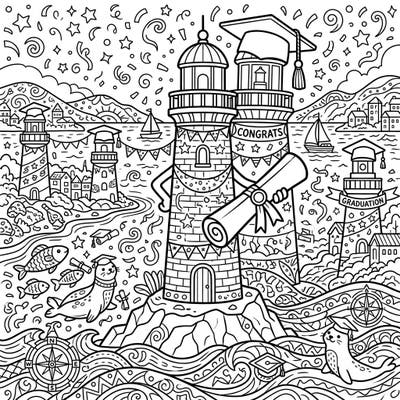 Set sail into a world of achievement with this heartwarming graduation-themed coloring page, where iconic lighthouses guide the way to success. Adorned with caps and diplomas, these detailed scenes offer a unique and joyful way to celebrate this special milestone.