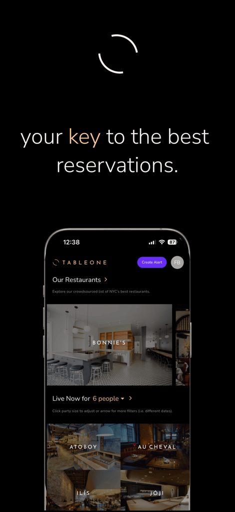 TableOne Reservations mobile app interface showing top restaurant listings and the tagline your key to the best reservations.