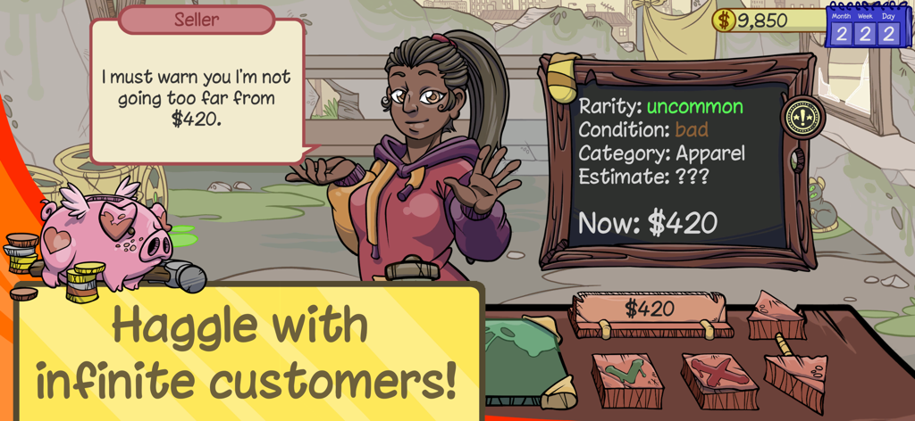 Dealer's Life 2 - A negotiation scene in Dealer's Life 2 showing a customer haggling over the price of an uncommon item