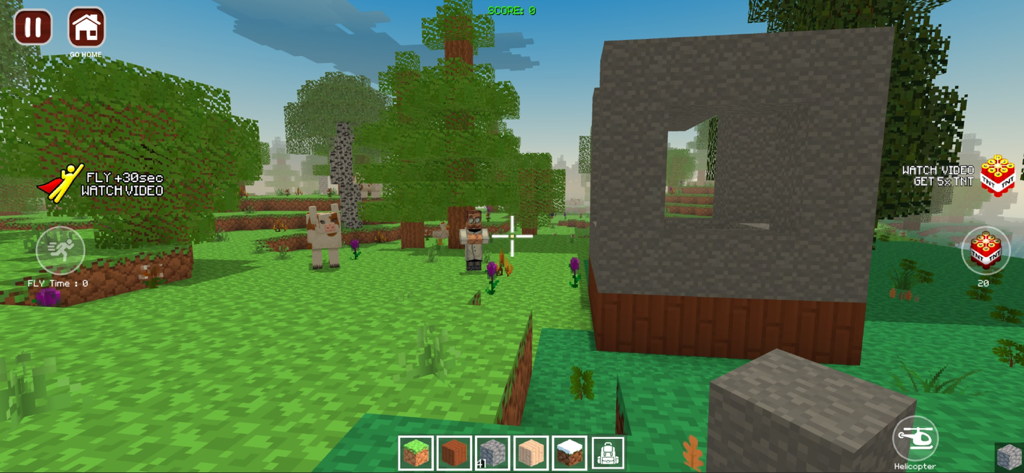 Captura de tela do jogo World Craft Dream Island mostrando um personagem e animais em um ambiente sandbox 3D blocada com uma casa parcialmente construída.