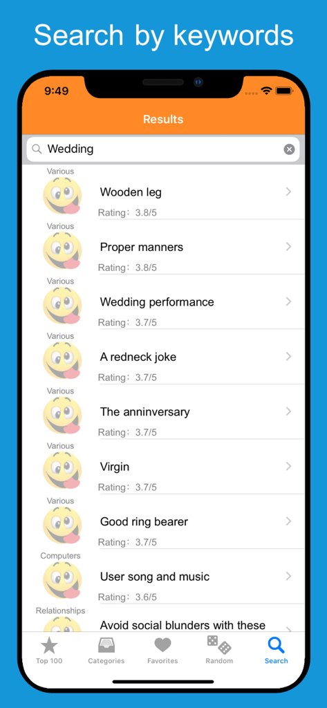 Funny Jokes, Stories & Puns - Una pantalla móvil que muestra los resultados de búsqueda de chistes de bodas dentro de la aplicación Funny Jokes